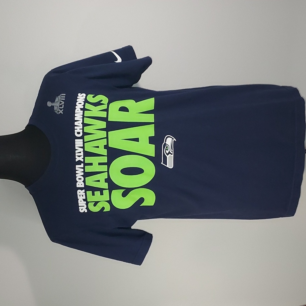 Nike Navy Blue Lime Green Seahawks Soar Superbowl XLVlll 48 Champions S/S Tee L